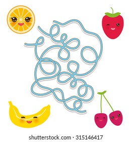 Funny cute strawberry, orange, banana cherry on white background. labyrinth game for Preschool Children. Vector