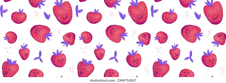 Funny cute strawberry seamless pattern background with berries, leaves and seeds. Vector Illustration kids style design.