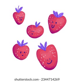 Funny cute strawberry seamless pattern background with berries, leaves and seeds. Vector Illustration kids style design.