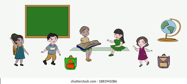 Funny cute students at the school. The lesson, communication, communication, friendship, change, education, children in medical masks and without. The set of objects about children and school. Vector 