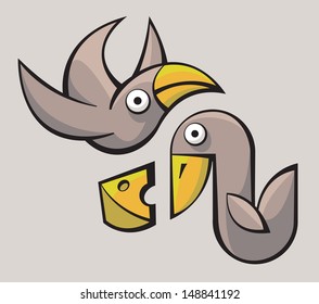 Funny cute stylized birds playing and flying