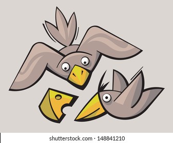 Funny cute stylized birds playing and flying