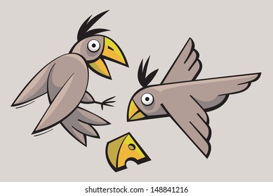 Funny cute stylized birds playing and flying