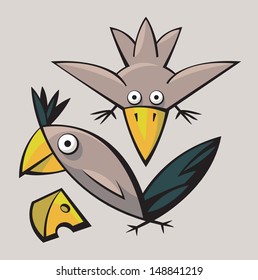 Funny cute stylized birds playing and flying