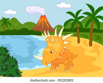 Funny cute styracosaurus the background of a prehistoric nature. Educational game for kids. Vector illustration