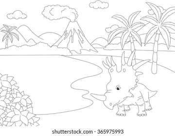 Funny cute styracosaurus on the background of a prehistoric nature. Educational game for kids. Coloring book. Vector illustration