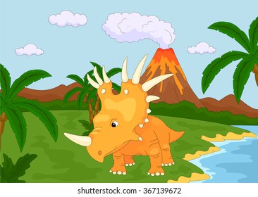Funny cute styracosaurus on the background of a prehistoric nature. Vector illustration