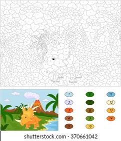 Funny cute styracosaurus on the background of a prehistoric nature. Color by number educational game for kids. Illustration for schoolchild and preschool