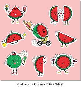 Funny, cute summer stickers set watermelons, print for children's clothing, stickers. Vector characters: slices of watermelon with different emotions, poses, cartoon style. stickers of fruits