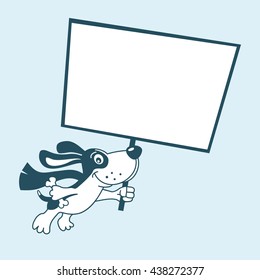 Funny cute super dog flying in sky holding poster for your offer. Vector cartoon character isolated on light blue background.