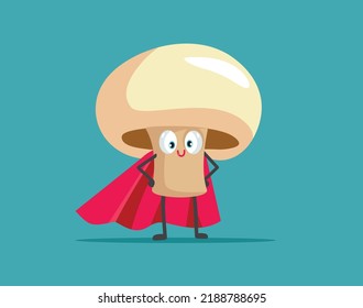 
Funny Cute Superhero Mushroom Character Vector Design. Adorable food mascot wearing a read cape 
