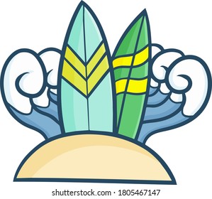 Funny and cute surfing icon with wave