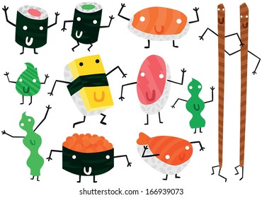 Funny Cute Sushi Characters Set with Faces, Arms and Legs