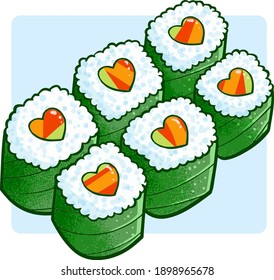 Funny and cute sushi of love in doodle style