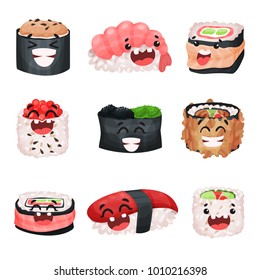 Funny cute sushi and sashimi cartoon characters set, Japanese food with funny faces vector Illustrations