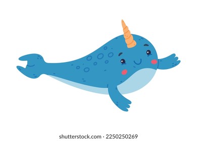 Funny cute swimming baby narwhal. Sea mammal animal cartoon character vector illustration