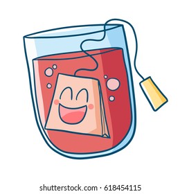 Funny and cute tea bag smiling happily in a glass - vector.