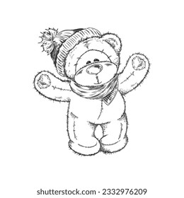 Funny cute Teddy bear in warm knitted hat stands raising its paws, ink or pencil sketch hand drawn style vector illustration isolated on white background.
