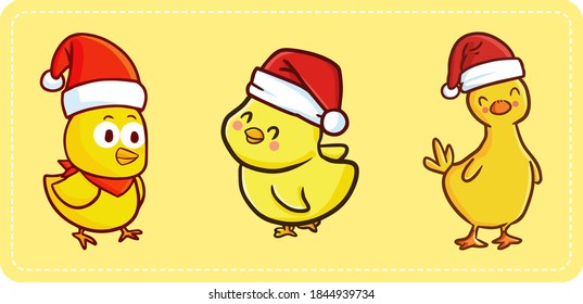 Funny and cute three little duck or chicken wearing Santa's hat for Christmas celebration