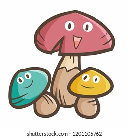 Funny and cute three mushroom smiling happily - vector