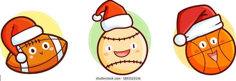 Funny and cute three sports balls character wearing Santa's hat for Christmas celebration