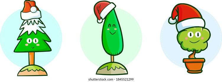 Funny and cute threes and plant in a pot wearing Santa's hat for Christmas celebration