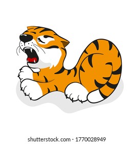 Funny and cute tiger cub, yawns and stretches. Vector illustration isolated on a white background.