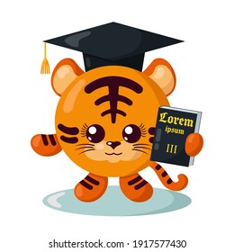 Funny cute tiger justice with book (copy space) and hat in flat design. Isolated animal vector illustration	