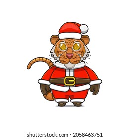 Funny and cute tiger mascot, wearing santa claus costume, cartoon animal with sparkling brown eyes, front view. kawaii styles, flats, for kids and adults, for stickers. merry christmas. 