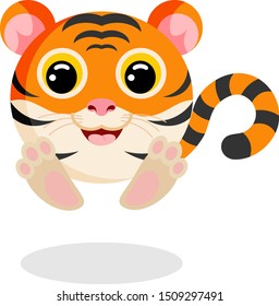 Funny cute tiger with stripes and yellow eyes. Cartoon character. Wild animal. Flat vector stock illustration on white background