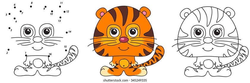Funny and cute tiger. Vector illustration for kids. Dot to dot game and coloring book