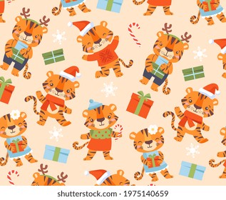 Funny cute tigers background or pattern. Lunar horoscope sign. Happy new year 2022. Template for poster, greeting card, invitation design template. Flat cartoon vector illustration