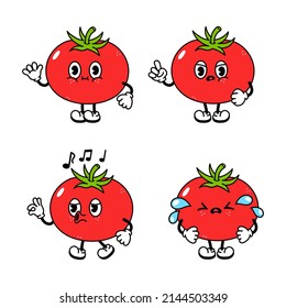 Funny cute tomato characters bundle set.Vector hand drawn doodle style traditional cartoon vintage,retro character illustration icon design. Tomato mascot emoji,child,baby,adorable,kids,character