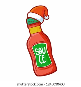 Funny and cute tomato souce packaging made from glass wearing Santa's hat for christmas - vector