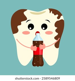 Funny cute tooth with a bottle of soda and with decay or caries in flat design.