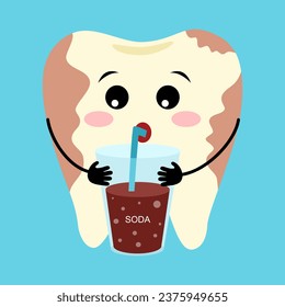 Funny cute tooth with a glass of soda and with decay or caries in flat design.