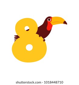 Funny cute toucan bird and number eight, birthday anniversary, learn to count concept cartoon vector Illustration