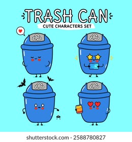 Funny Cute Trash Can Character Set. Happy Trash Can Mascot Collection