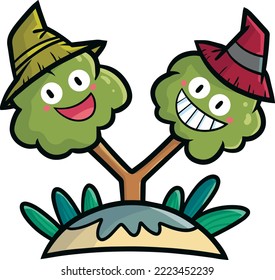 Funny and cute tree cartoon character with two head