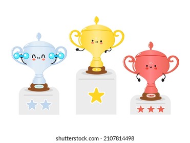 Funny cute trophy cup characters bundle set. Vector hand drawn doodle style cartoon character illustration icon design. Cute happy trophy cup mascot character collection