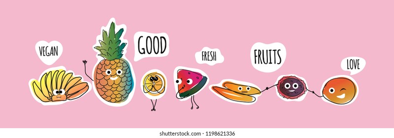 Funny and cute tropical fruit characters stickers.  Tropical summer fruits characters  vector pattern on colort background. Retro stylish texture of summer fruits. Retro design. Vector illustration