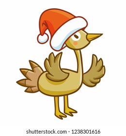 Funny and cute turkey wearing Santa's hat for christmas - vector.