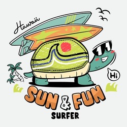 Funny Cute Turtle Cartoon Wearing Sunglasses On Summer Beach With Surfboards Isolated On White Background Illustration Vector, Graphic T-shirts For Kids.