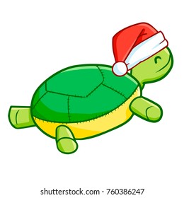 Funny and cute turtle doll wearing Santa's hat for Christmas and smiling - vector.