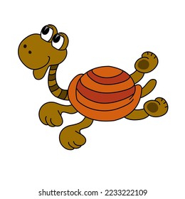 Una tortuga divertida y linda con un fondo blanco. Carácter marino aislado. Colorido con un contorno. Dibujo manual. Estilo de caricatura. Ilustración vectorial.
