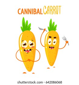 Funny cute two characters of carrot cannibal. Cartoon vegetables. Vegetarian. Vector illustration isolated on white background