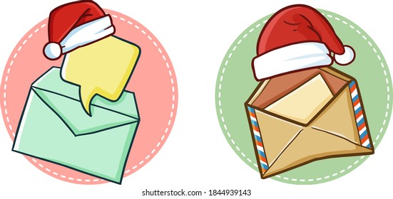 Funny and cute two envelope or messaging symbol wearing Santa's hat for Christmas celebration
