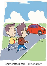 Funny and cute two males walking to a red car