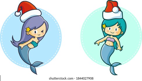 Divertidas y lindas dos sirenas vistiendo el sombrero de Santa Claus para la celebración de Navidad