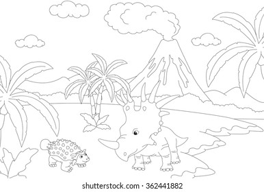 Funny cute tyrannosaurus on the background of a prehistoric nature. Educational game for kids. Coloring book. Vector illustration